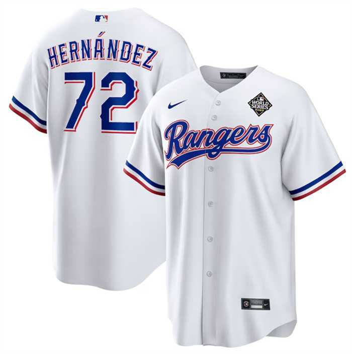 Men's Texas Rangers #72 Jonathan Hernandez White 2023 World Series Stitched Baseball Jersey Dzhi